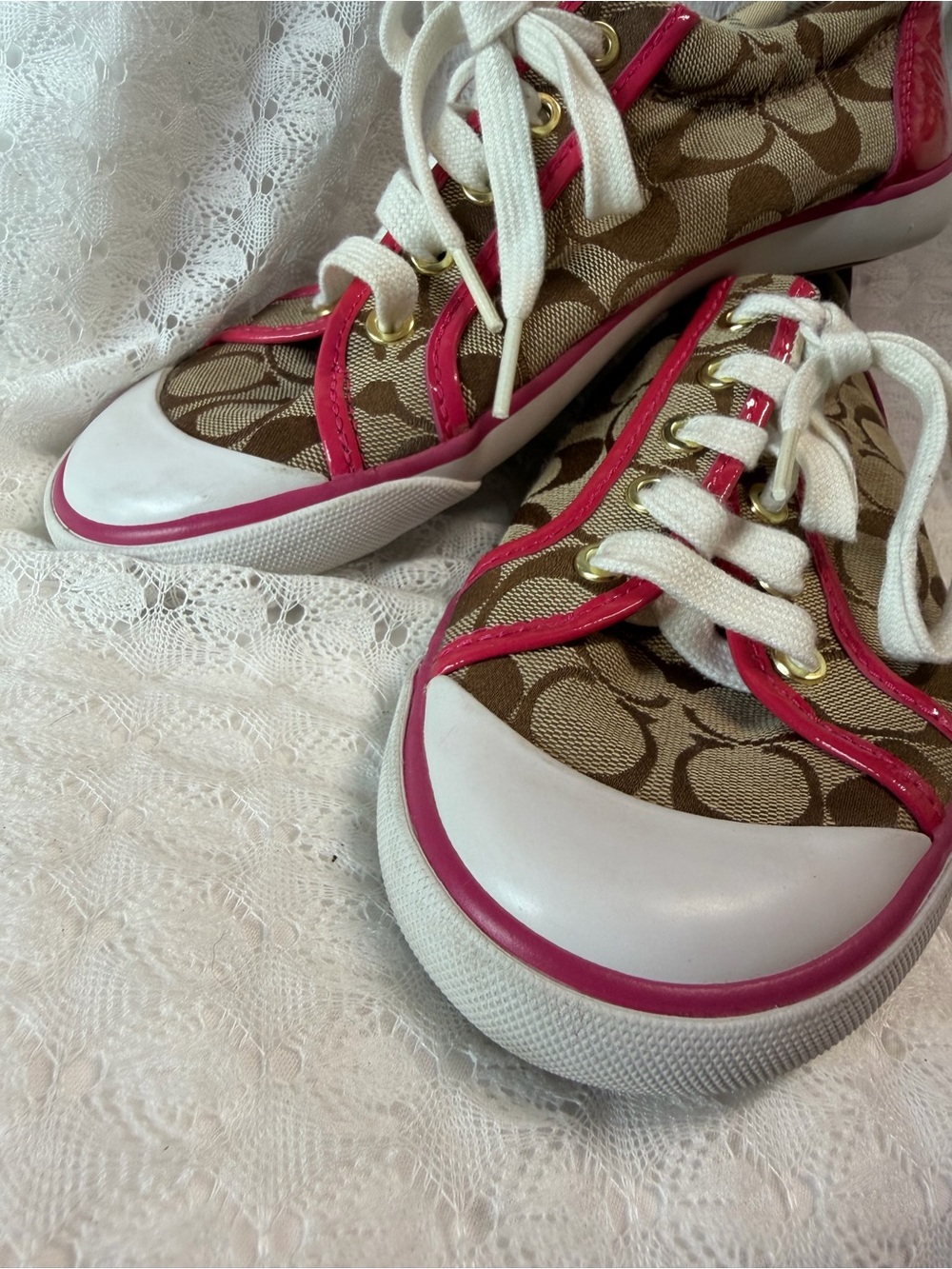 Coach Brown Signature Canvas Sneakers with Pink Trim - Picture 2 of 12